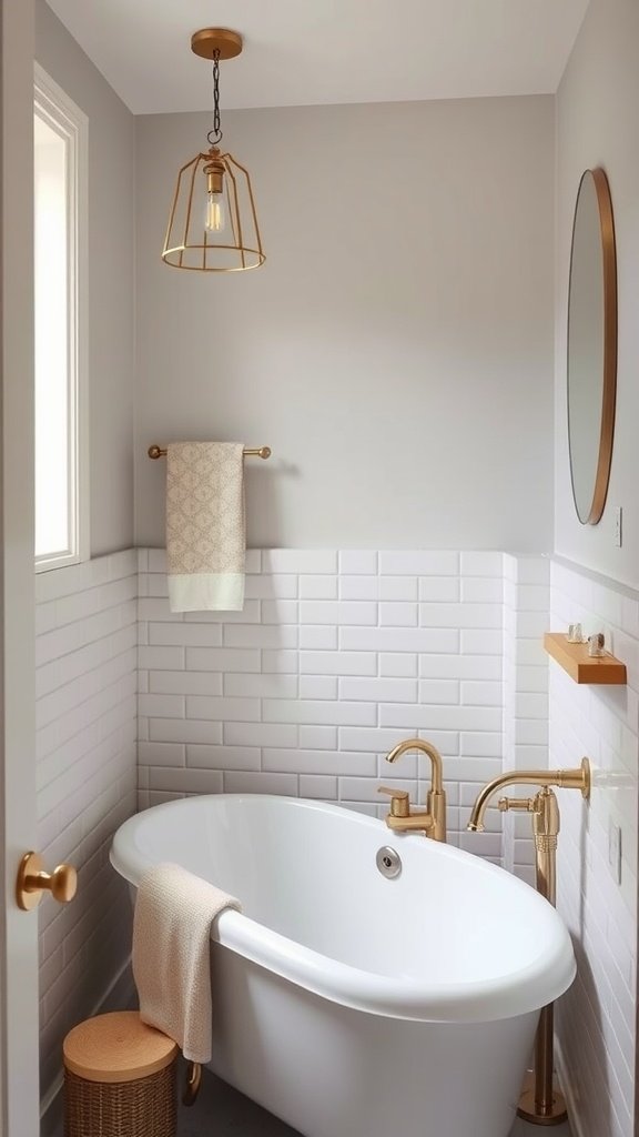 A modern small bathroom featuring a white bathtub, gold fixtures, a light fixture, and cozy decor.