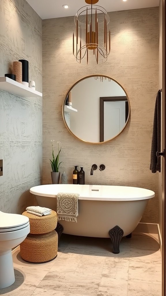 A chic bathroom with textured wall tiles, a round mirror, and modern fixtures.