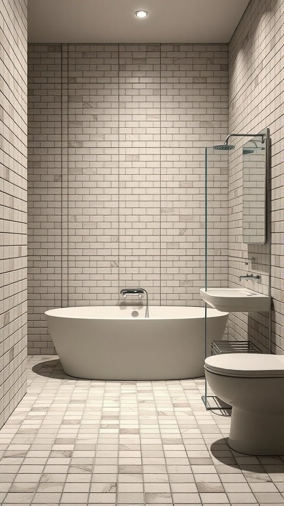 Modern bathroom with medium-sized tiles, featuring a bathtub, sink, and toilet.