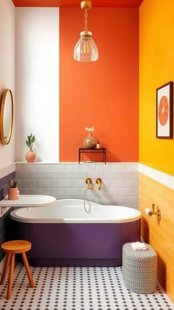 A modern bathroom featuring a mix of trendy and bold colors with a bathtub and stylish decor.