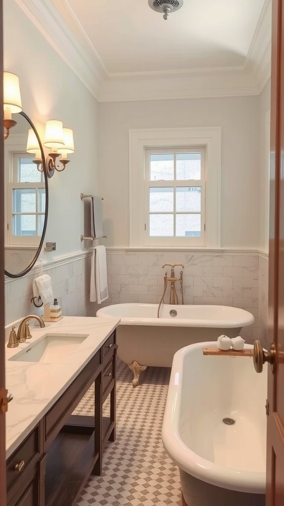 A classic elegant bathroom featuring a freestanding tub, marble countertop, and soft lighting.