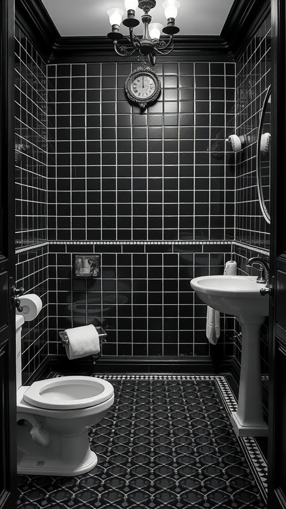 A classic monochrome bathroom featuring black and white tiles, a vintage clock, and elegant lighting.