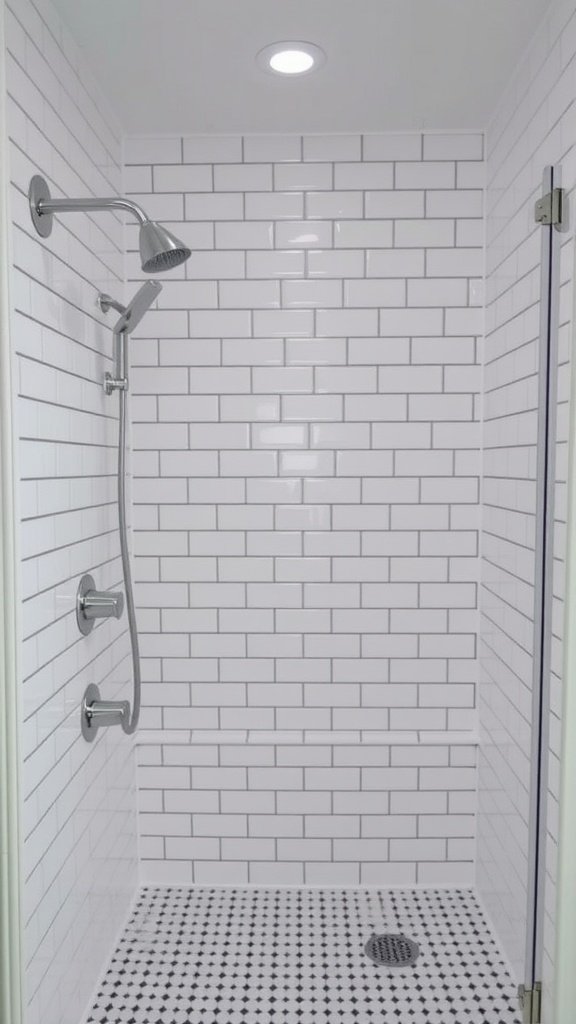 Walk-in shower featuring classic white subway tiles and a black and white patterned floor.