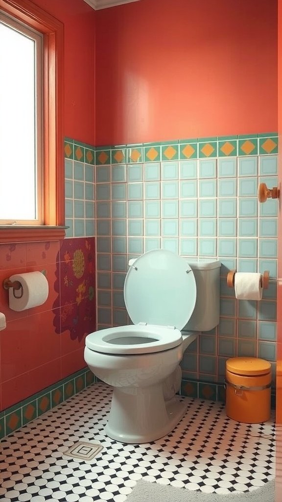 A colorful 70s style bathroom with a classic toilet, coral walls, and patterned tiles.