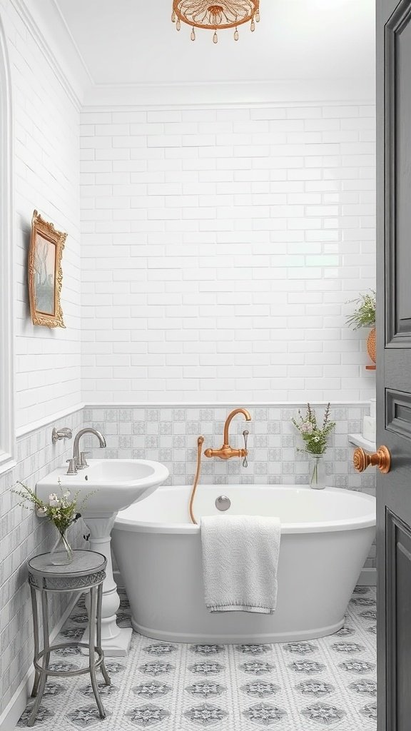 A stylish bathroom featuring white subway tiles, gray floor tiles, a round mirror, and copper fixtures.