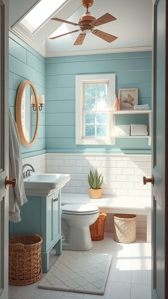 Aesthetic bathroom with blue walls, natural wood accents, and bright lighting.