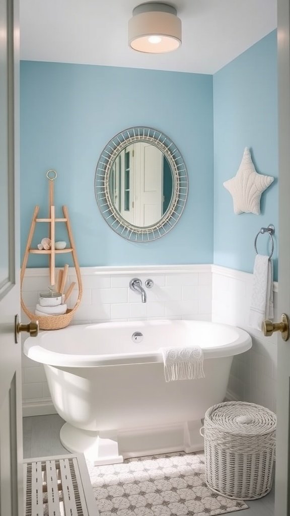 A bright bathroom with coastal decor, featuring soft blue walls, starfish wall art, a round mirror, and elegant white fixtures.