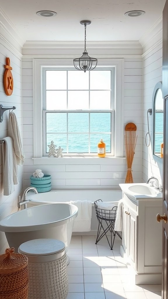 Coastal bathroom with ocean view, freestanding tub, and nautical decor.