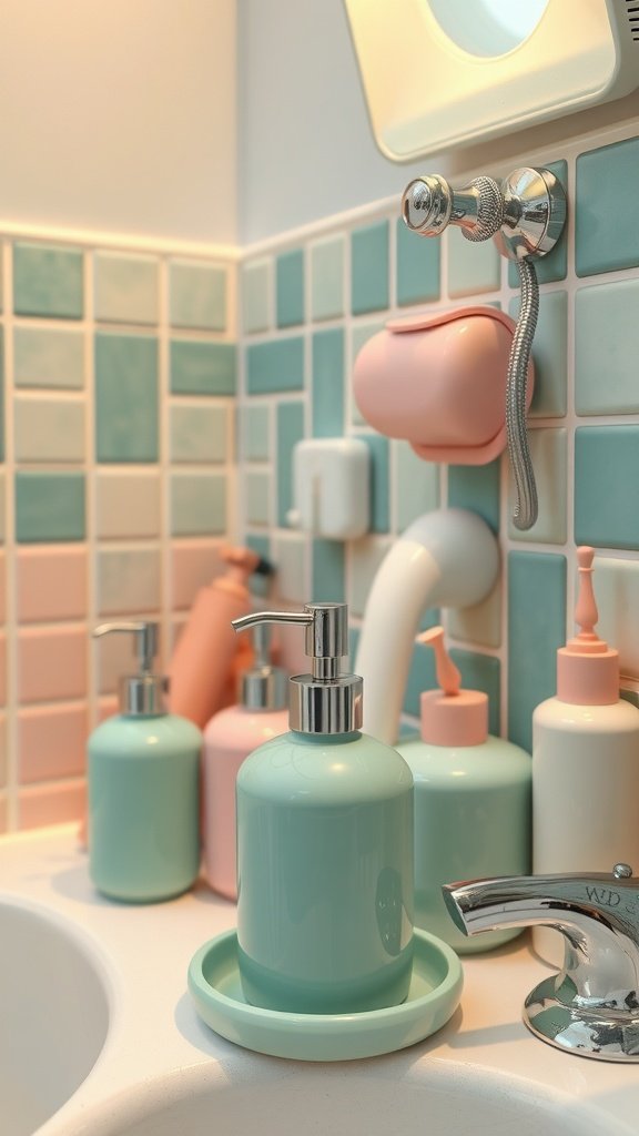 Colorful 70s inspired bathroom accessories in pastel tones