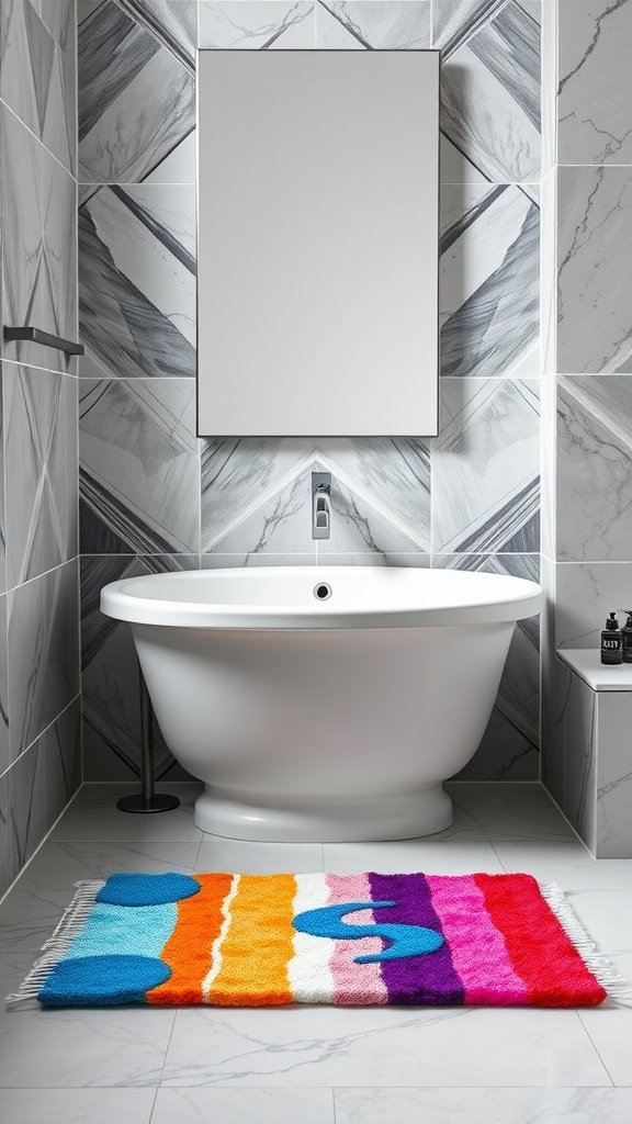 Colorful bath mat in a modern bathroom setting with a white tub and gray tiles