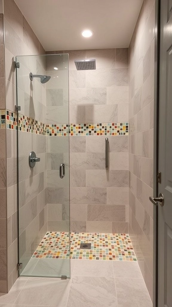 A modern walk-in shower with colorful mosaic tile accents on the wall and floor.