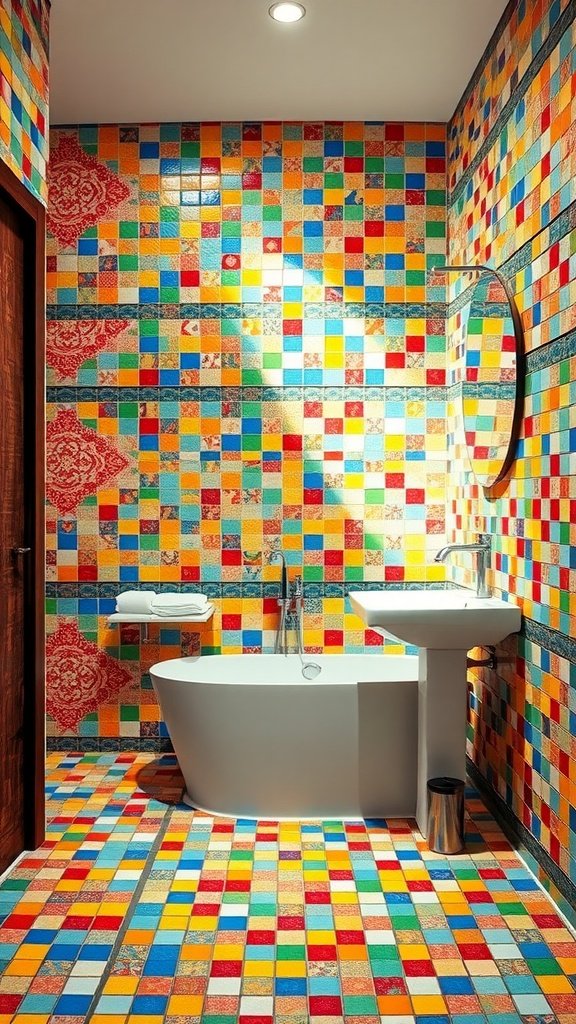 A colorful bathroom with mosaic tiles covering the walls and floor, featuring a freestanding bathtub and a modern sink.