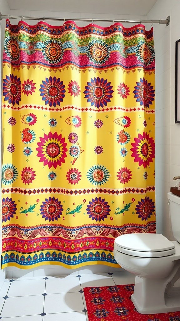 A colorful shower curtain featuring a yellow base with floral designs in vibrant colors, enhancing the Boho bathroom decor.