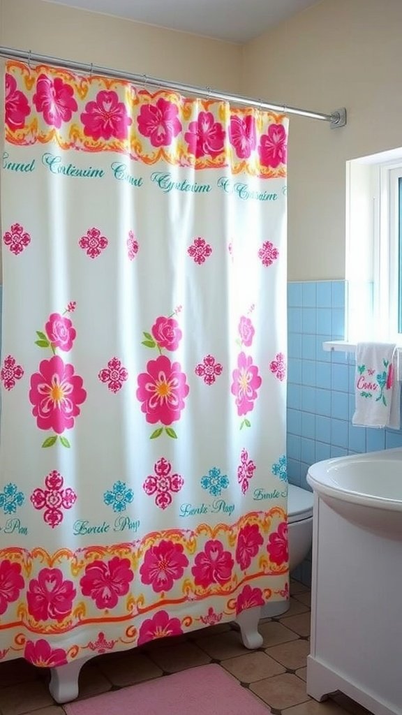 A colorful shower curtain featuring bright pink flowers and floral patterns in a bathroom setting.