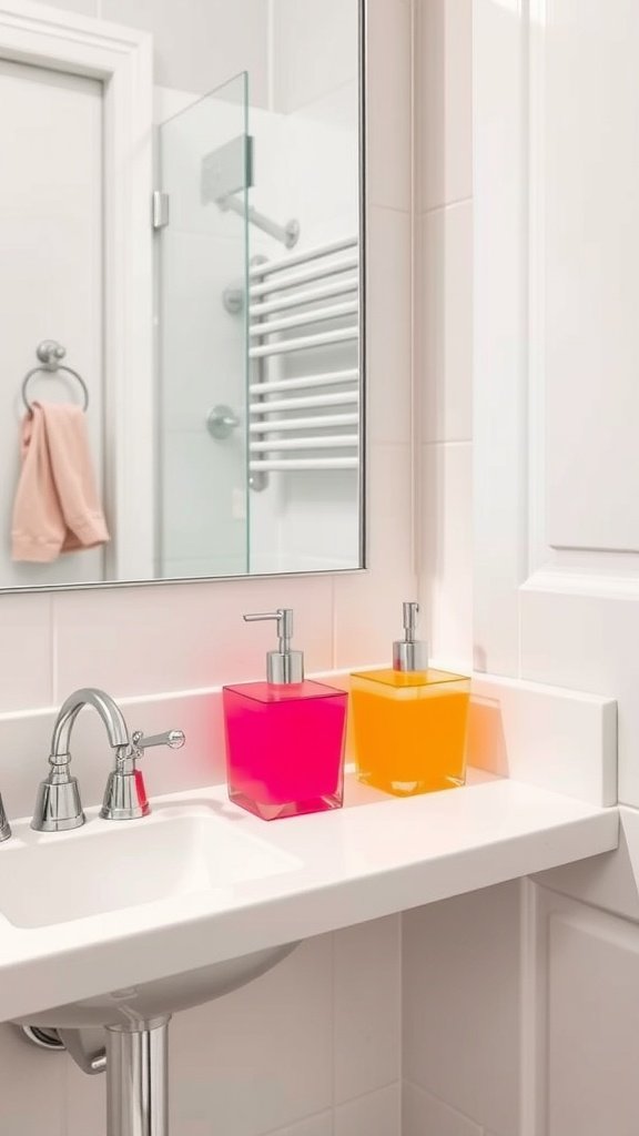 A colorful bathroom scene featuring a pink and yellow soap dispenser on a white countertop