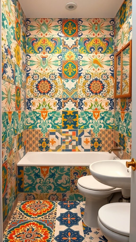 A colorful boho bathroom featuring vibrant tiles with intricate patterns on the walls and floor.