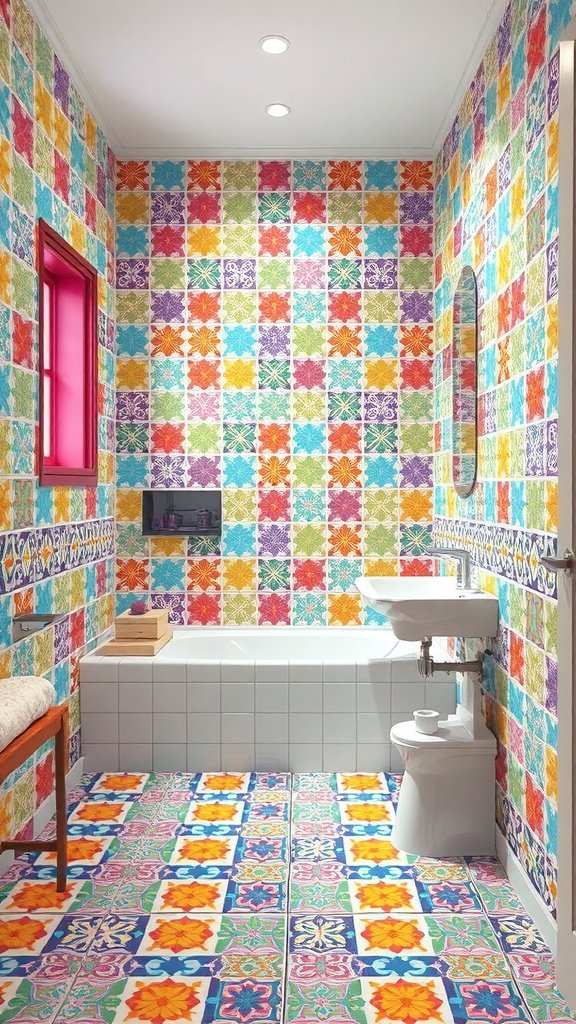 A colorful bathroom with vibrant patterned tiles covering the walls and floor.