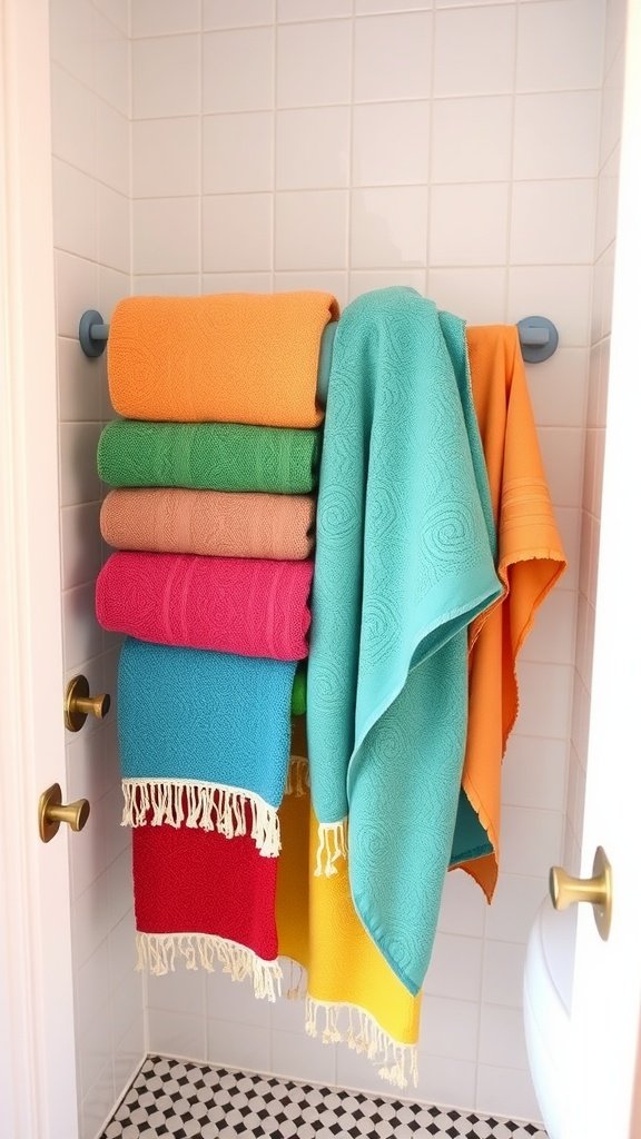 A stack of colorful towels on a rack in a small bathroom, showcasing vibrant hues.