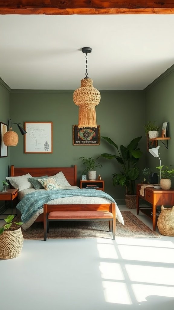 A stylish sage green boho style bedroom featuring rich wood furniture and decor.