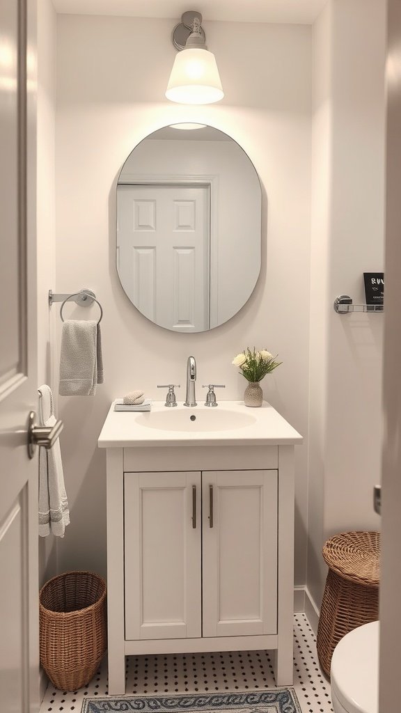 A small bathroom featuring a compact white vanity with round mirror and stylish light fixture.