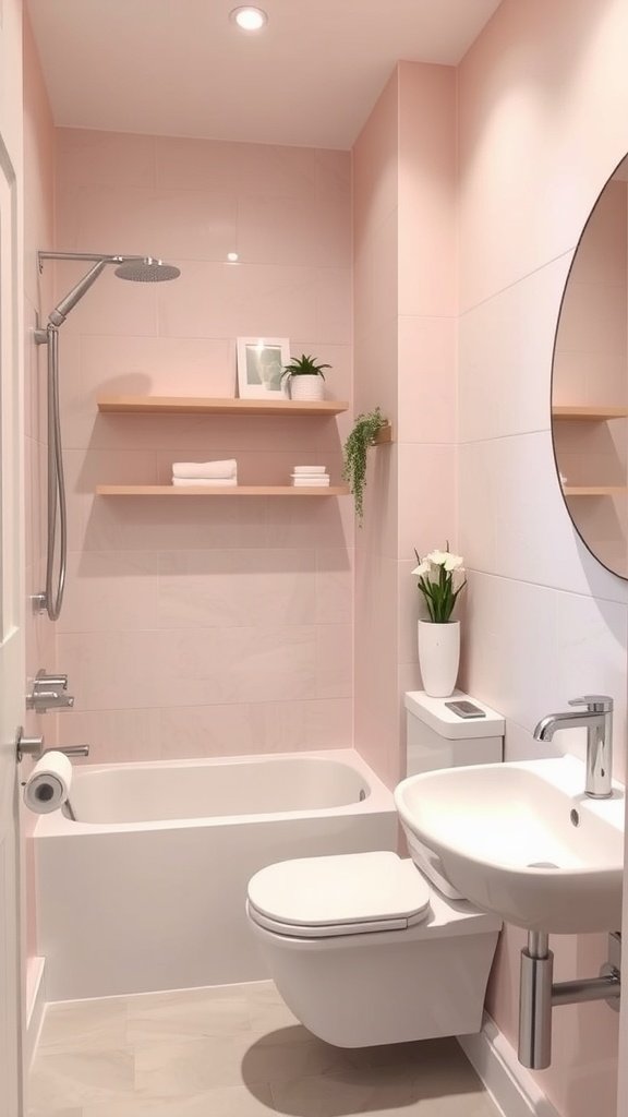 A contemporary very small bathroom featuring soft pink walls, a bathtub, and modern fixtures.