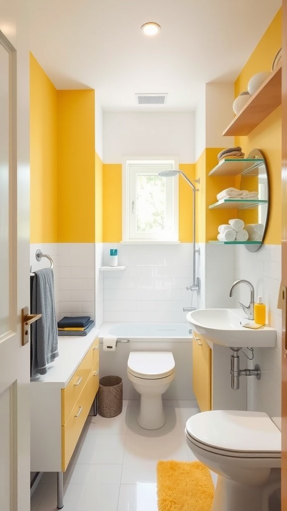 A contemporary small bathroom featuring yellow and white colors with modern fixtures and clever storage solutions.