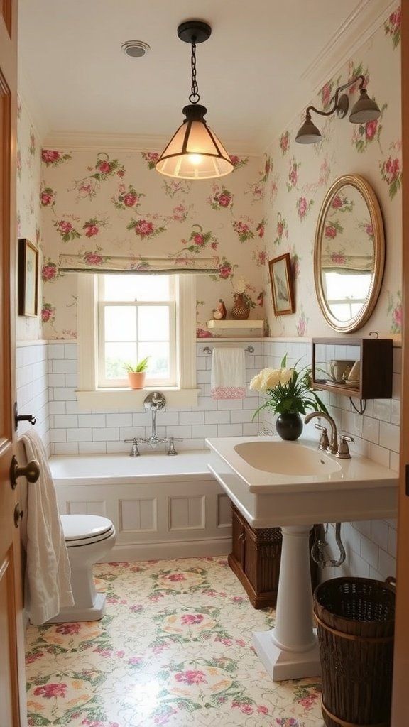 A charming cottage-style bathroom with floral wallpaper, a classic sink, and warm wooden shelves.