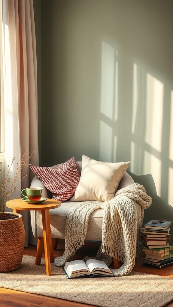 Cozy reading nook with a chair, cushions, and a small table with a cup of tea