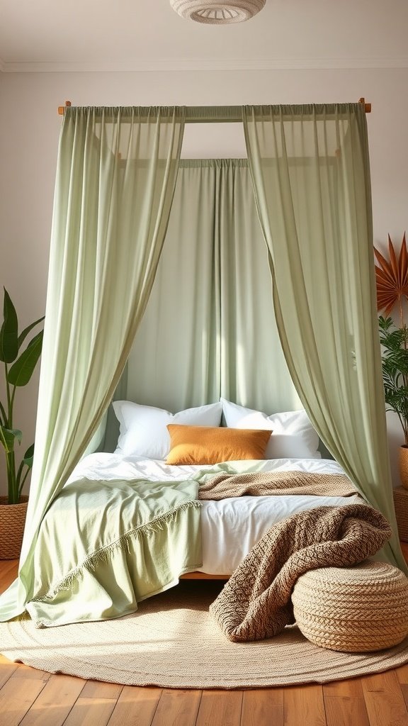 A cozy sage green canopy bed with draped fabric, layered bedding, and decorative elements.