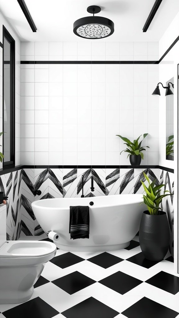 Modern black and white bathroom with patterned walls, bathtub, and plants.