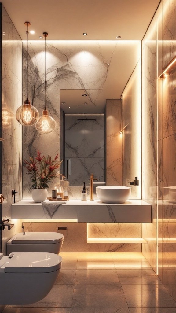 Cozy bathroom with stylish lighting fixtures and decorative tiles