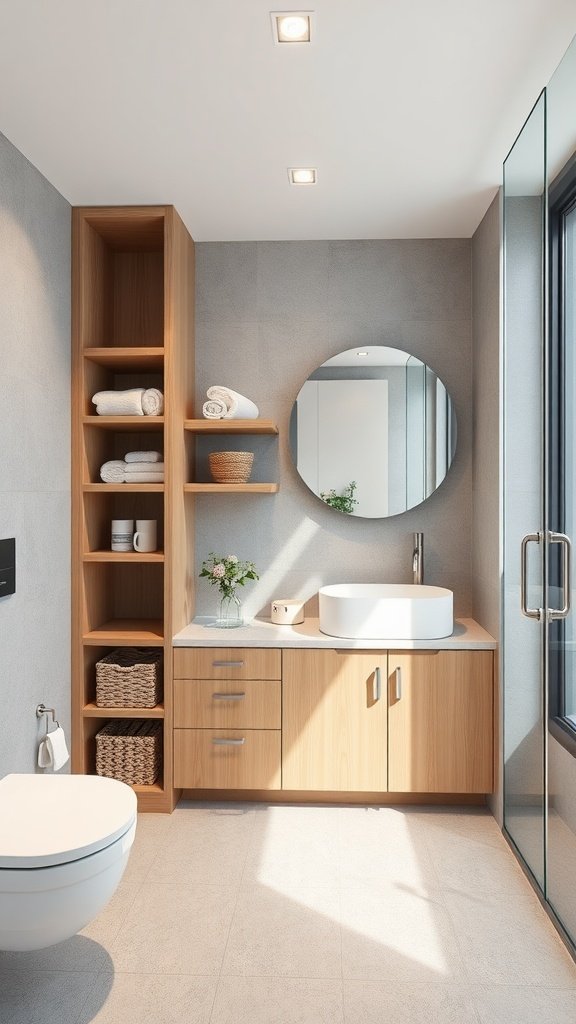 Modern luxury bathroom with creative storage solutions, featuring wooden shelves, wicker baskets, and streamlined cabinetry.