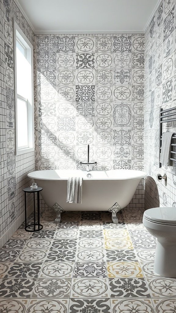 Stylish bathroom featuring creatively designed tiles on walls and floor.