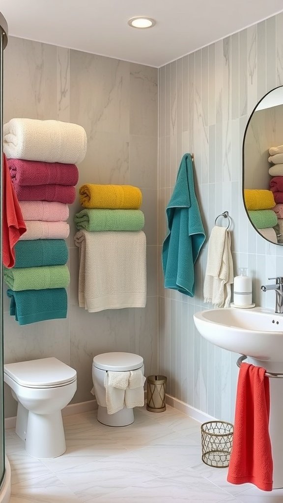 Colorful towels arranged in a bathroom, showcasing creative towel display ideas for a Boho decor style.