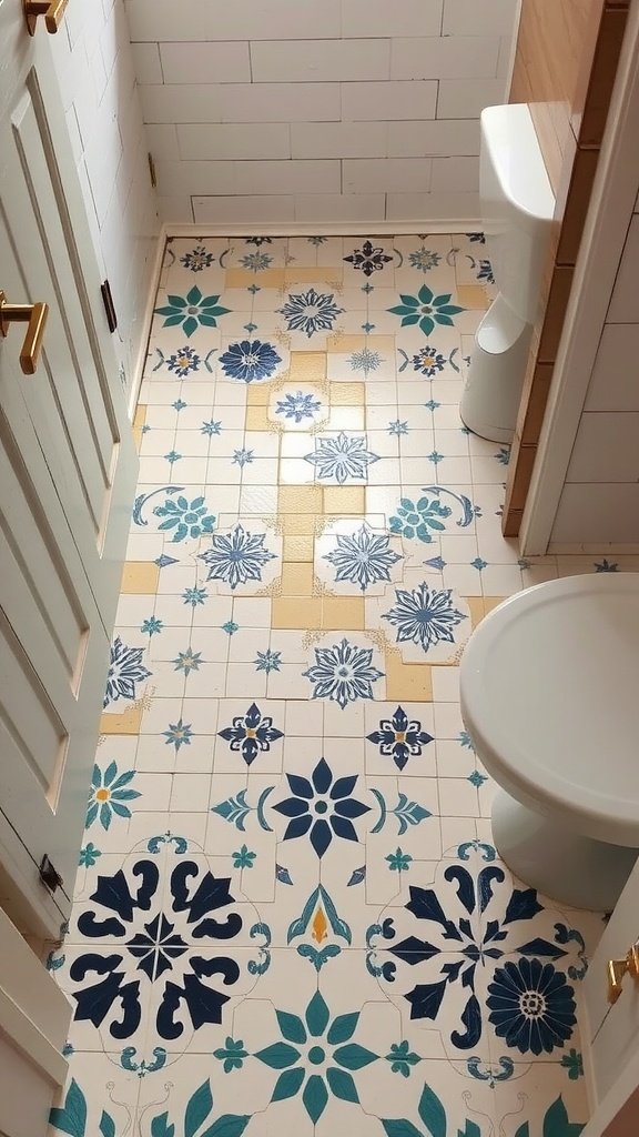 Colorful patterned tiles on a bathroom floor