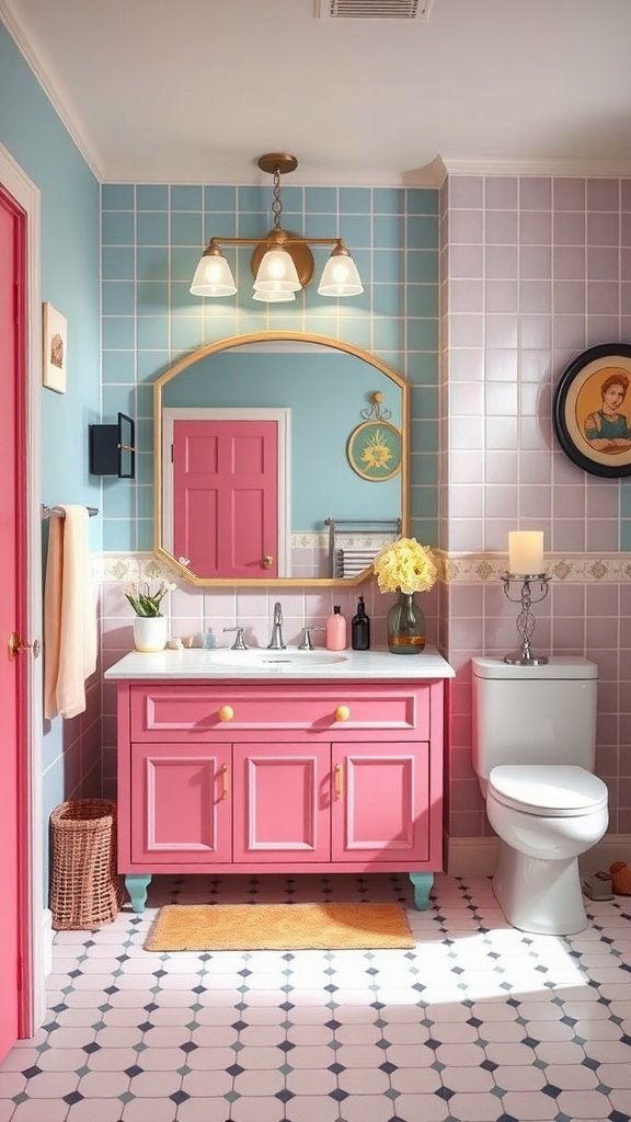 A colorful 70s inspired bathroom featuring a pink vanity, blue walls, and playful decor.