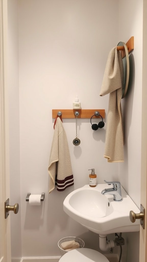 A small bathroom with wooden wall hooks displaying towels and accessories.