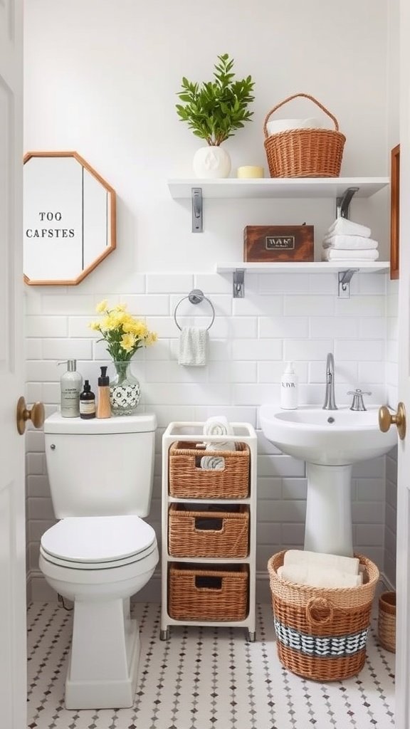 Small bathroom with customizable storage baskets for organization.