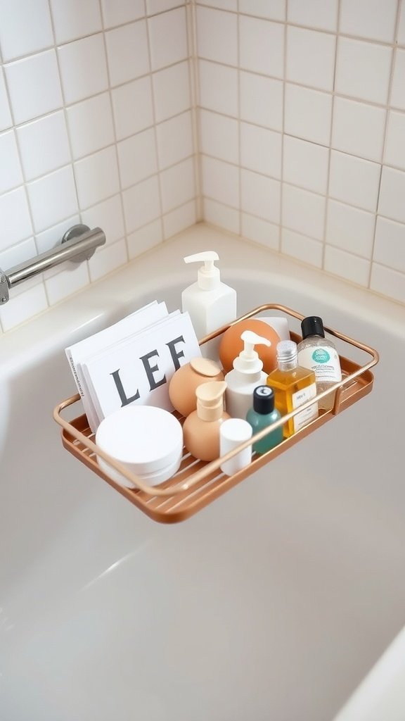 A stylish bath caddy with various bath products on a white tiled tub.