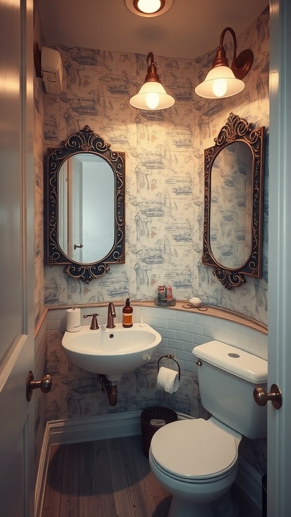 A small bathroom with decorative mirrors and warm lighting.