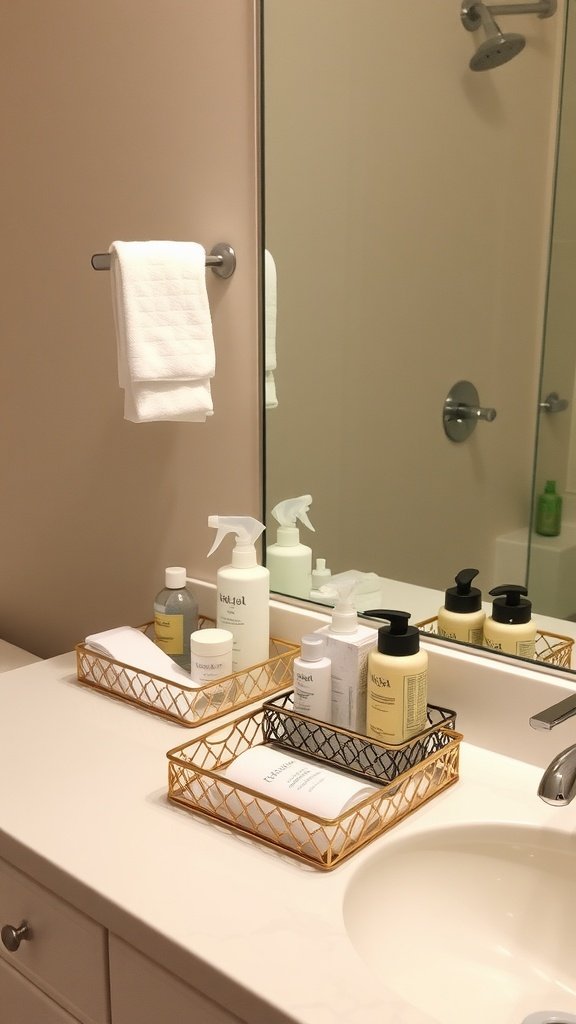 Decorative trays holding bathroom products on a countertop