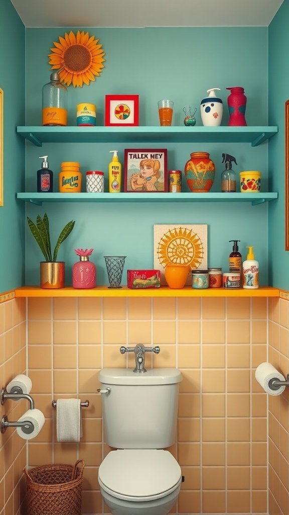 Colorful decorative wall shelves in a 70s bathroom with retro items and plants.