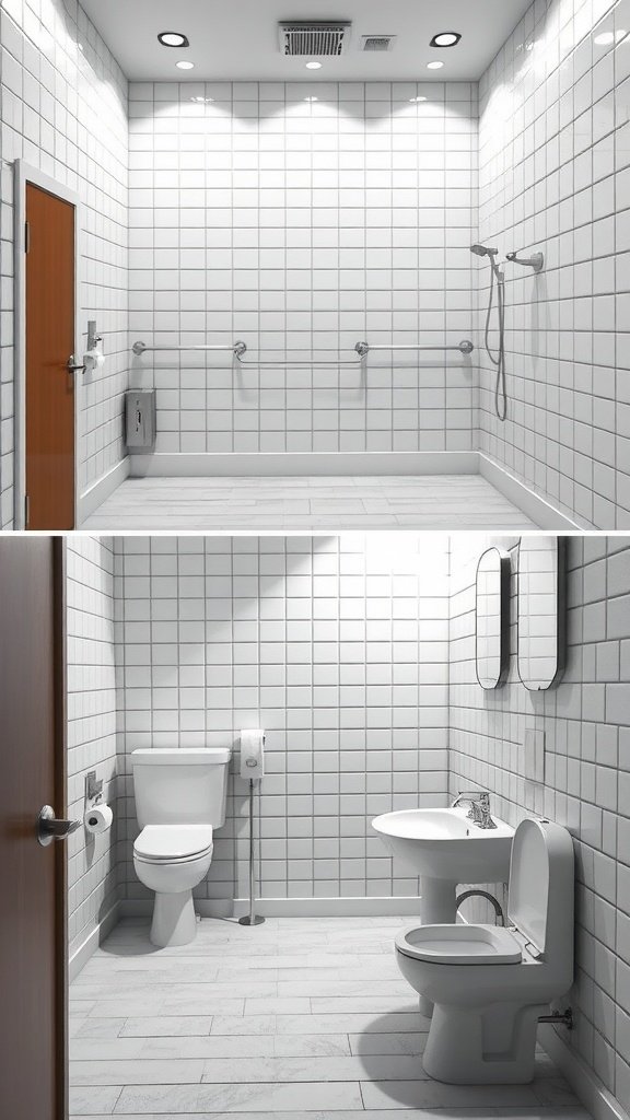 Two bathroom designs showcasing layout flow issues.