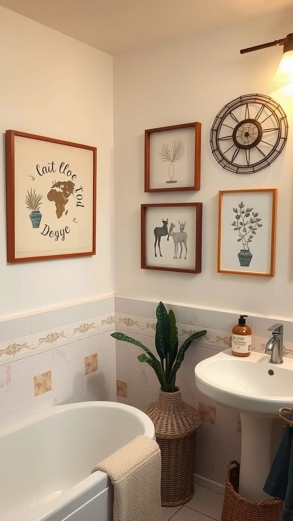 A stylish bathroom with framed artwork on the walls, a clock, a plant, and decorative items.