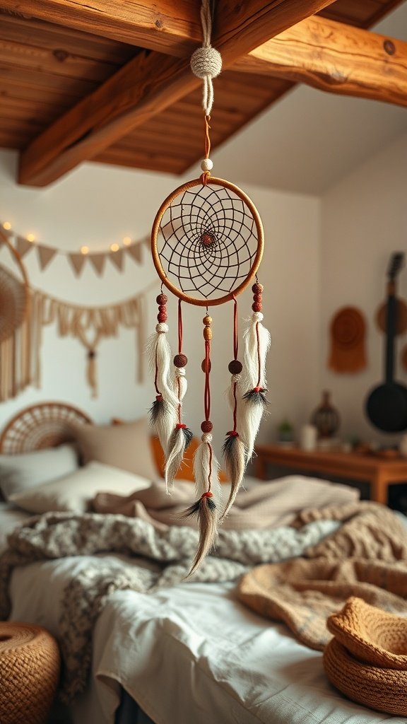 A dream catcher hanging above a cozy bed in an Earth Tone Boho Style Bedroom.