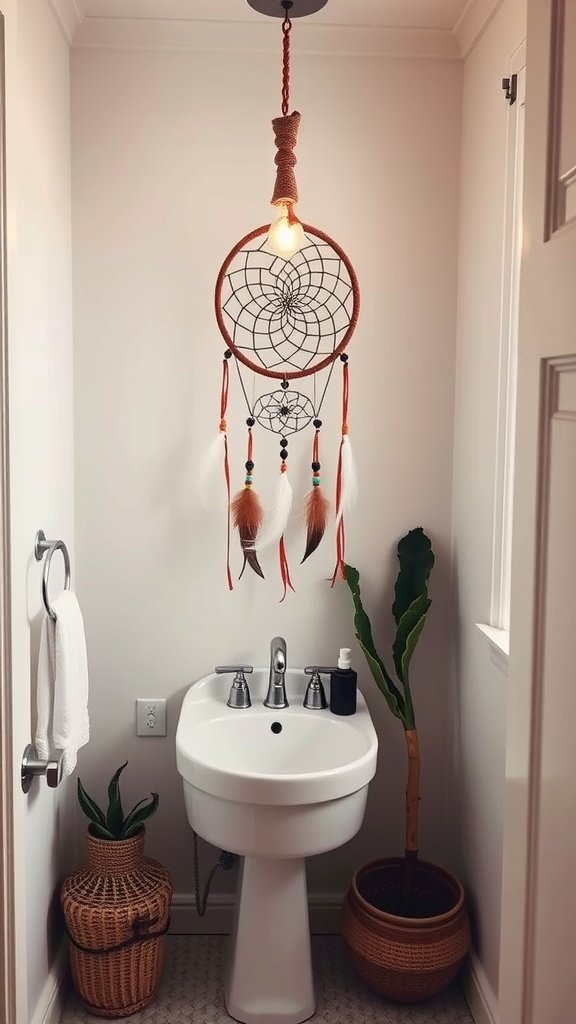 Boho bathroom with a dreamcatcher hanging above a sink, plants nearby, and a warm light.