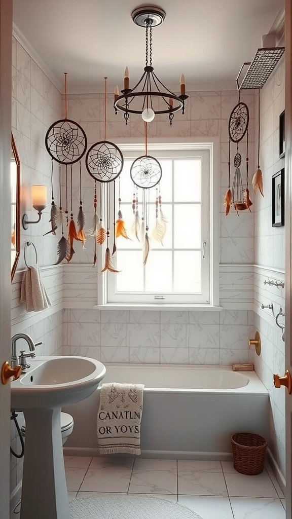 A Boho bathroom featuring hanging dreamcatchers with feathers above the bathtub, creating a whimsical and inviting atmosphere.