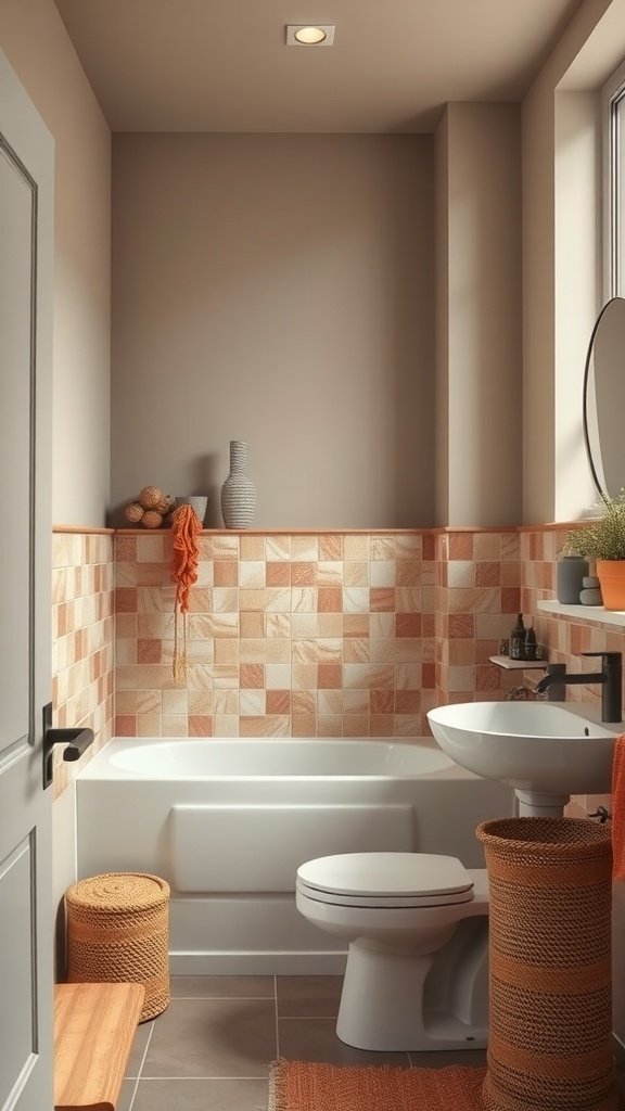 A cozy bathroom featuring earthy color palettes with peach and cream tiles, woven baskets, and warm accents.