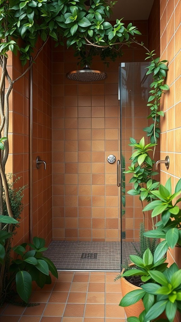 A walk-in shower with terracotta tiles and lush green plants surrounding it