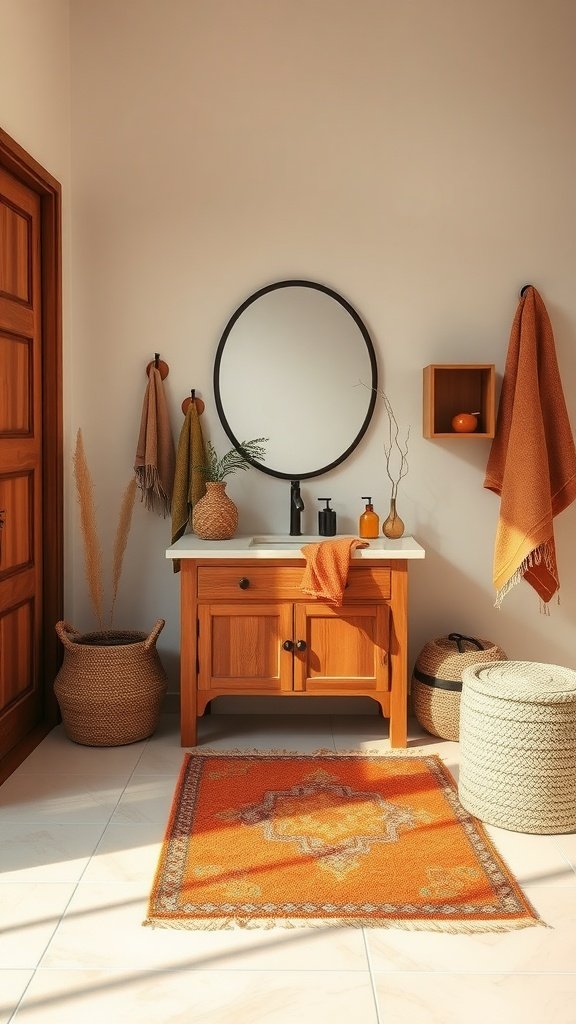 Boho bathroom with earthy tones featuring a wooden vanity, orange rug, and natural decor elements.